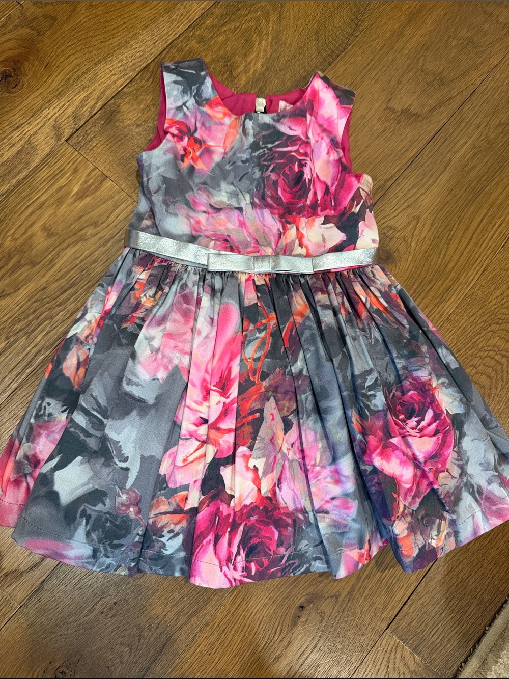 Zoe Ltd Pink and Gray Floral Party Dress with Silver Belt